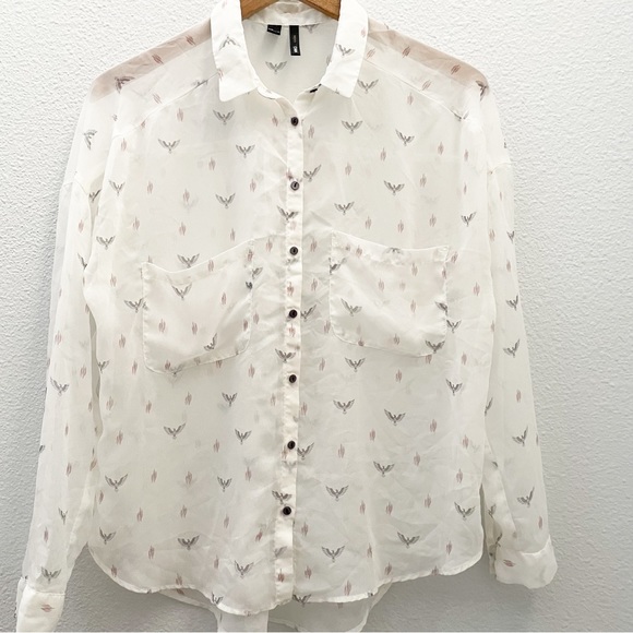 MNG Mango Casual thunderbird printed sheer button down shirt size medium - Picture 1 of 5